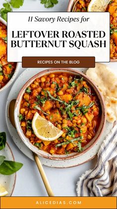 two bowls of leftover roasted butternut squash on a table with bread and herbs