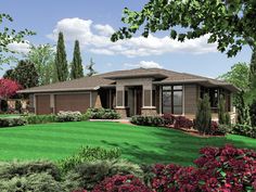 this is an artist's rendering of the front elevation of these ranch house plans