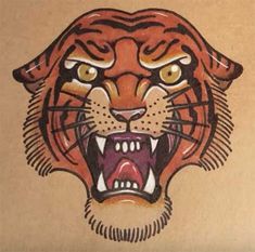 a drawing of a tiger's head with it's mouth open and teeth wide