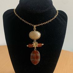 Nwt River & Ridge Genuine Stone Jewelry Necklace Gold Tone Chain 3 Part Stone Drop Pendant Beige & Orange Stones