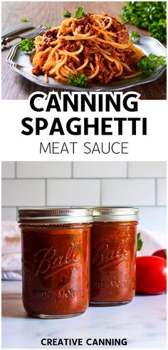 two jars of canned spaghetti next to each other on a table with tomatoes and parsley