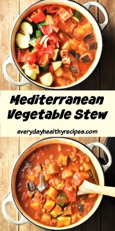 two bowls filled with vegetable stew on top of a wooden table