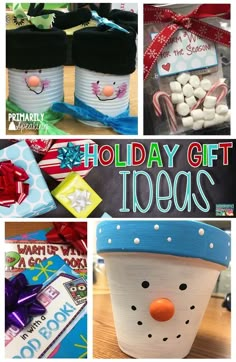 holiday gift ideas for kids with snowmen, gifts and candy in buckets on the table