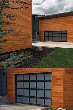 two pictures of a house with wood sidings and grass on the front, side and back