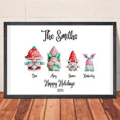 three gnomes with hats on their heads and the words, happy holidays