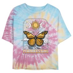 If you're looking for the hottest new trends, you're in the right place! Take your everyday style to the next level with this lovely new Juniors' Manifesting Butterfly T-shirt from Lost Gods! This tee features a monarch butterfly with a sun, moons, and the word: "Manifesting," across the front. Make everything from workouts to running errands, or even just lounging around the house a little extra chic! There’s no end to the awesomeness you’ll find when you shop apparel by Lost Gods Collective. Spring Multicolor Slogan T-shirt, Multicolor Tops With Front Print For Summer, Trendy Tie Dye T-shirt For Spring, Trendy Tie-dye T-shirt For Spring, Blue Tye Dye, Butterfly T Shirt, Cropped Graphic Tees, Spiral Tie Dye, Butterfly Shirts