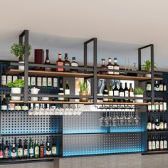 a bar with shelves filled with bottles and glasses