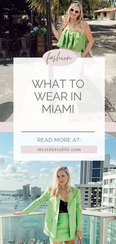 a woman standing on top of a balcony with the words what to wear in miami