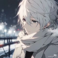 an anime character with white hair wearing a scarf and looking off into the distance at night