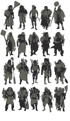 the silhouettes of various people in different poses, all wearing armor and holding swords