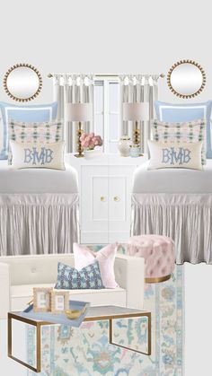 the interior of a bedroom with blue and white decor