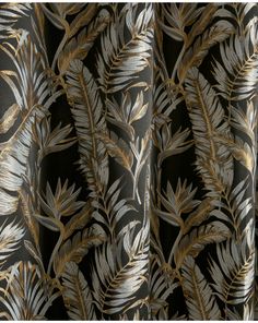 a curtain with gold and silver leaf designs on it's black drapes