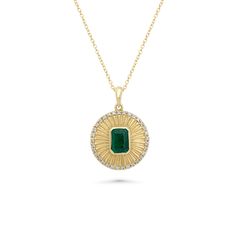 1.36 Cts Emerald and White Diamond Pendant in 14K Yellow Gold Timeless Green Jewelry With Baguette Diamonds, Gold Emerald Cut Diamond Necklace, Luxury 14k Gold Emerald Necklace For May Birthstone, Emerald Cut Baguette Diamonds May Birthstone Jewelry, Emerald Cut Baguette Diamond Jewelry For May Birthstone, Fine Jewelry Emerald With Baguette Diamonds, Timeless Emerald Gemstone Necklace, 14k Gold Jewelry With Green Baguette Diamonds, Fine Jewelry With Baguette Diamonds And Emerald