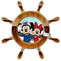 two mickey and minnie mouses on a ship steering wheel with the word disney written in it