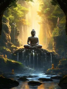 a buddha statue sitting on top of a rock in the middle of a forest next to a river