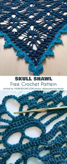 the crochet shawl is made with blue yarn