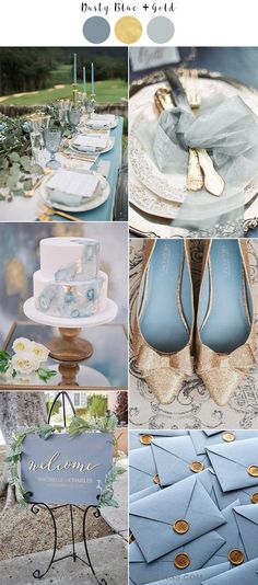 blue and gold wedding color palettes for the bride's dress, shoes, and cake