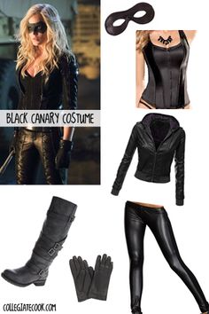 a woman in black leather outfit and mask with text overlay that reads, black canary costume