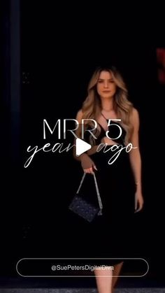 a woman in a black dress with the words mrr 5 year ago