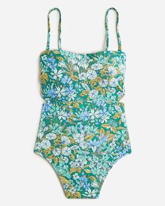 Cutout one-piece swimsuit in aqua blooms Floral Print Tankini For Swimming, Green Floral Print Swimwear For Poolside, Green Floral Print Swimwear, Turquoise Swimwear For Spring Poolside, Green One-piece Swimwear With Floral Print, Green Floral One-piece Swimwear, Green Floral Print One-piece Swimwear, Green Floral Print Tankini For Sunbathing, One-piece Floral Print Swimwear For Spring