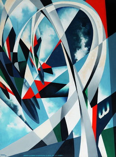 an abstract painting with blue, green, red and white shapes in the middle of it