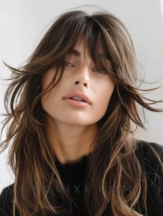 Bangs And Choppy Layers, Shag Hairstyle, Hairstyle 2024, Long Shag Hairstyles, Textured Bangs, Long Shag, Choppy Layers, Long Gray Hair, Round Face Shape