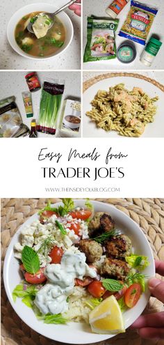 some food is on a white plate and has the words easy meals from trader joe's