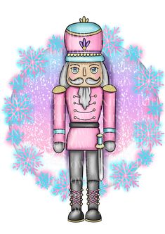 a drawing of a nutcracker with snowflakes around him and the words merry christmas written on it