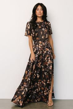 Agnes Satin Maxi Dress | Brown Floral Flutter Sleeve Maxi Dress, Green Satin Dress, Tulle Maxi Dress, Brown Floral Print, Embellished Maxi Dress, Fall Wedding Guest Dress, Baltic Born, Guest Attire, Belt Tie