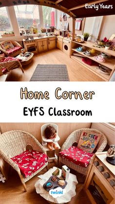 an aerial view of a child's bedroom with toys in it and the text home corner eyes classroom