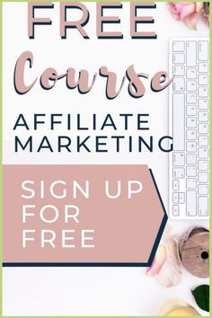 a sign up for free course with flowers and keyboard on the side, in front of it