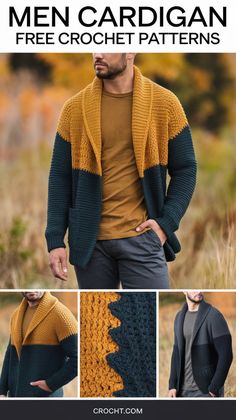 Make a unique crochet men’s cardigan with these free patterns. Perfect for a personalized, timeless addition to any wardrobe! Knitted Gifts For Men, Crochet Gifts For Guys, Crochet Cardigan For Men, Crochet Mens Cardigan, Crochet Mens Sweater, Crochet Sweater For Men, Mens Crochet Sweater, Crochet Projects For Men, Crochet Ideas For Men