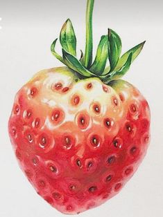 a painting of a strawberry with green leaves on it's top and bottom half