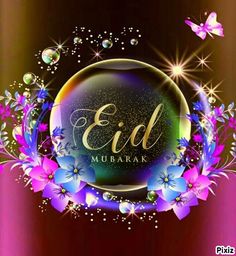 an eid mubarak greeting card with flowers and butterflies on a dark background