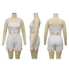 Indulge in luxury with our Feminine Lace Applique' Shorts Set. Featuring delicate lace appliques, this set exudes elegance and sophistication. Perfect for a romantic evening or a special occasion, this set will make you feel confident and stylish. Elevate your wardrobe with this exclusive piece. Sizes S-2XL Decoration Zip Up , Lace Length Above Knee, Mini Style Sexy & Club Fabric Type Blended fabrics , Lace Material Polyester , Spandex Neckline Strappy Pattern Type Solid Sleeve Length Sleeveless Season Summer Fabric Non-Stretch Elegant Fitted Sets For Wedding Night, Elegant Fitted Set For Wedding Night, Elegant Fitted Wedding Night Set, Elegant Lace Set For Wedding Night, Elegant Lace Sets For Night Out, Elegant Summer Wedding Night Set, Feminine Two-piece Party Sets, Spring Wedding Lace Sets, White Lace Sets For Summer