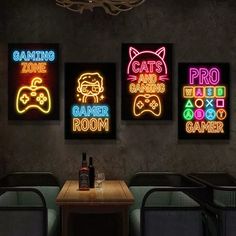 three neon signs that say gaming zone, cats and gaming rooms are on the wall