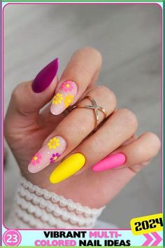 Vibrant floral accent coffin nails, gel, long length, bright colors with floral designs, ideal for celebrating warmer months, multicolored nails. Bright Nail Designs, Broken Nails, Floral Nail Designs, Summery Nails, Cute Summer Nails, Vacation Nails, Bright Nails