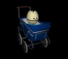 an egg in a cart with wheels on a black background is seen from the side