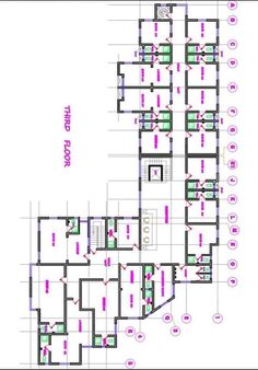 an architectural drawing shows the floor plan for a building with multiple floors and several balconies