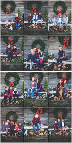 multiple pictures of people sitting on a bench in front of christmas wreaths and presents