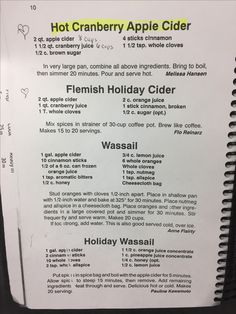 the menu for hot cranberry apple cider