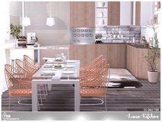 an image of a modern kitchen setting with dining table and chairs in the foreground