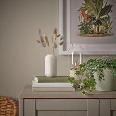 plants and books on a table in front of a framed photo with a wicker chair