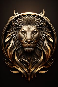 a golden lion's head on a black background with gold lines in the shape of a circle