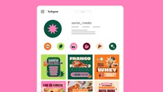 a pink and green web page with food related items on it's front cover