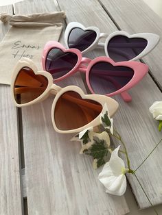 How cute are these Heart Sunglasses  Great accessory for Hens Party, Bridal Shower, Wedding Day or any party Event . Glasses come in a Cotton Drawstring bag that you can personalise with Name, Event etc You can select option without drawstring bag  These heart Sunglasses come in three colours  Beige White Pink Adult Size UV400 Love to see pics wearing Sunglasses tag @mishmashdesigns Instagram Bridesmaid Sunglasses, Heart Shape Sunglasses, Bride Sunglasses, Sunglasses Party, Shape Sunglasses, Hens Party, Cute Sunglasses, Party Sunglasses, Wearing Sunglasses