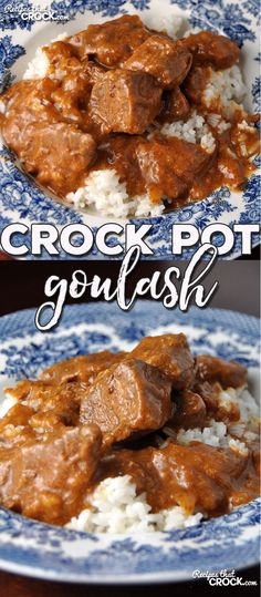 crock pot goulash with white rice on a blue and white plate