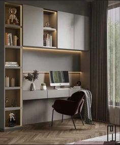 a modern home office with built - in shelving units