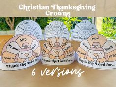 four thanksgiving turkeys with the words, 6 versions on them and an image of a turkey