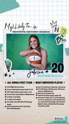 an advertisement for a female basketball player with the number 20 on her jersey and holding a ball